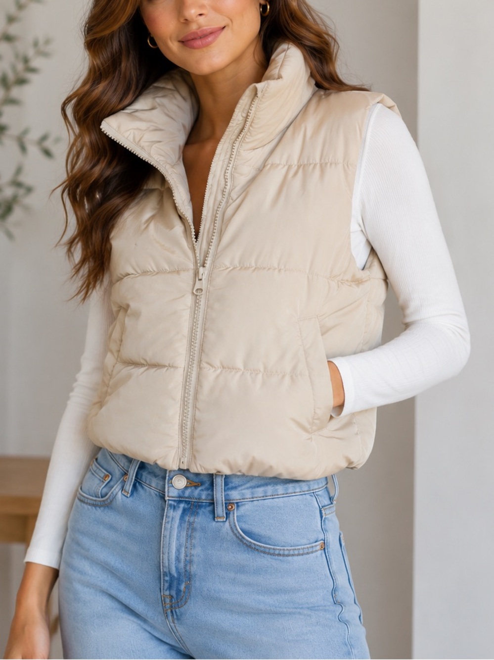 Automet Beige Cropped Puffer Vest XS Full Zip Front Neutral Fall